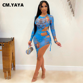 CM.YAYA Mesh Letter Women Two 2 Piece Set Winter Fall Long Sleeve Bodysuit and Tie Up Side Slit Skirts Suit Beach Outfits 5