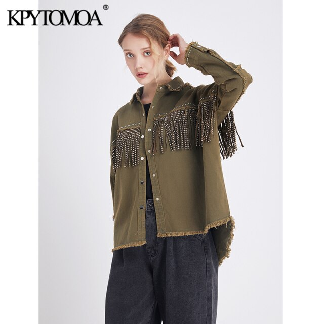 Vintage Stylish Fringe Beaded Loose Denim Jacket  4