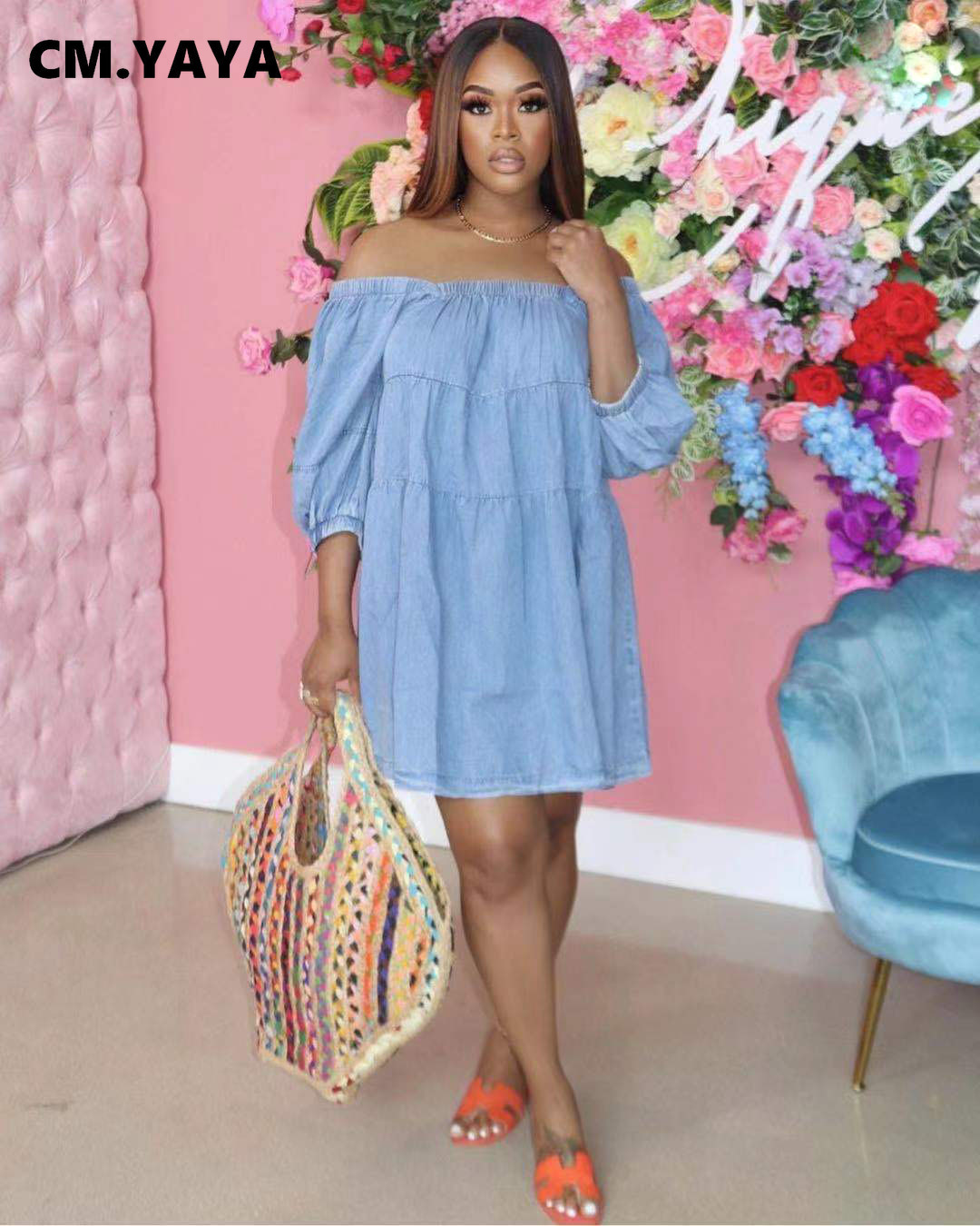 CM.YAYA Women Dress Denim Half Sleeve Slash Neck Loose Straight Mini Dresses Casual Fashion Streetwear Summer Outfits 2021 1