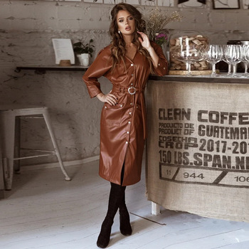 Women Vintage Pu Leather Straight Party Dress Ladies Button Belt V-neck Winter Sexy Dress 2021 New Fashion Midi Dress Vestidos 1