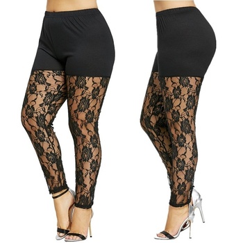 New Women Casual Skinny Pants Leggings Fashion Patchwork Print Mesh Elastic Waist Full Pencil Leggings Plus Size US 7