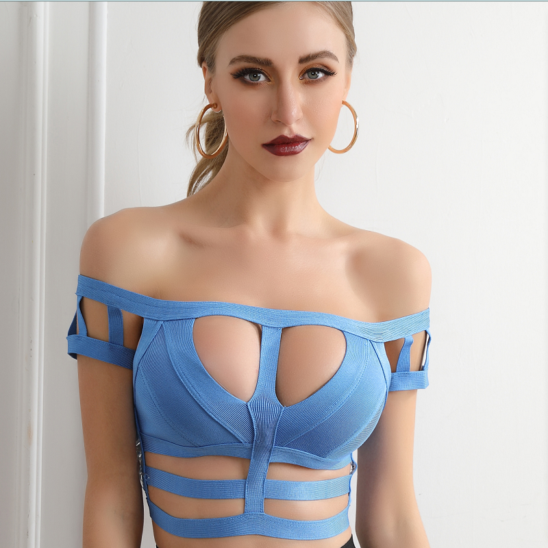New Sexy Blue One-shouldered Hollow Out Bandage Top 1