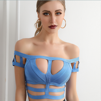 New Sexy Blue One-shouldered Hollow Out Bandage Top 1