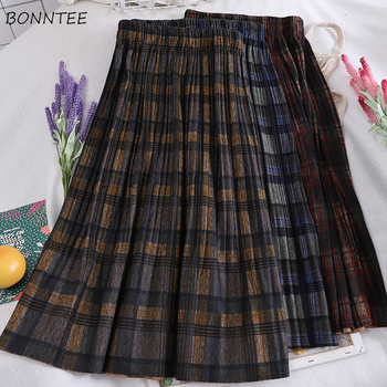 Skirts Women Plaid Autumn New Pleated Preppy Sweet Skirt Harajuku Leisure Vintage Chic Elastic Waist Thick Woolen Retro Ladies 1
