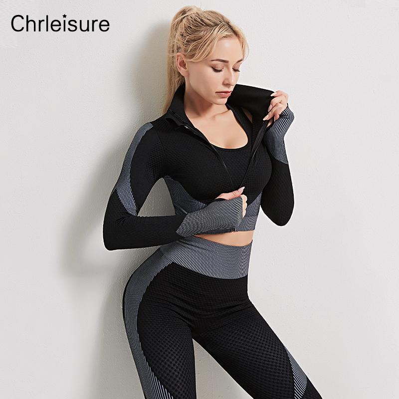 2 Piece Sets Womens Outfits Fitness Long Sleeve Tops Seamless High Waist Leggings Stripped Zipper Tracksuit Women 1
