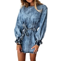 Round Neck Slim Sashes Solid Long Petal Sleeve Denim Mini Dress 1