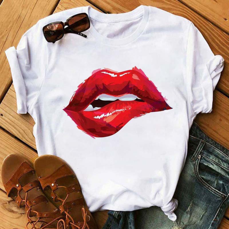 Women T Shirt Red Lip Shoes Print Harajuku T Shirt Leisure Fashion Aesthetic Tshirt Funny Top Tees Female T-Shirts Woman Clothes 3