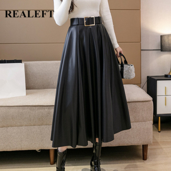 REALEFT 2021 New Autumn Winter PU Leather mi-long Women's Skirts with Belted High Waist  A-line Skirt Mid-calf Umbrella Skirts 1