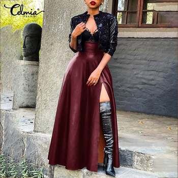 Celmia Fashion High Split PU Leather Skirts Women Elegant High Waist Zipper A-line Faldas Office Lady Solid Color Pockets Jupes 1