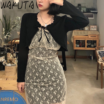 WAKUTA Lace Sexy Strap Dress Black Cropped Belted Long Sleeve Cardigan 2 Piece Set Women Sweet Cool Korean Spring Fall Outfits 5