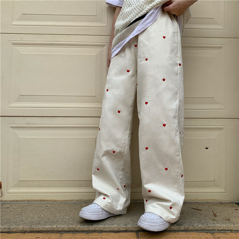 Women's Jeans Streetwear Casual Heart Shaped Embroidery Elastic Waist Vintage Baggy Straight Denim Trouser Mom Wide Leg Pants 6