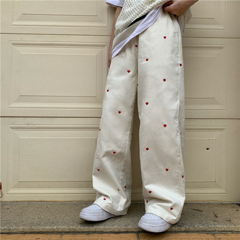 Women's Jeans Streetwear Casual Heart Shaped Embroidery Elastic Waist Vintage Baggy Straight Denim Trouser Mom Wide Leg Pants 6