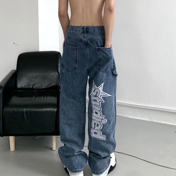 American street clothing retro trend pocket jeans female letter star print high waist casual oversized straight pants women 6