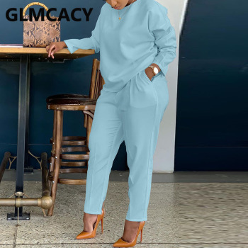 Women Two Piece Solid Tracksuits Long Sleeve O Neck Shirt & Casual Slim Pants Set 3