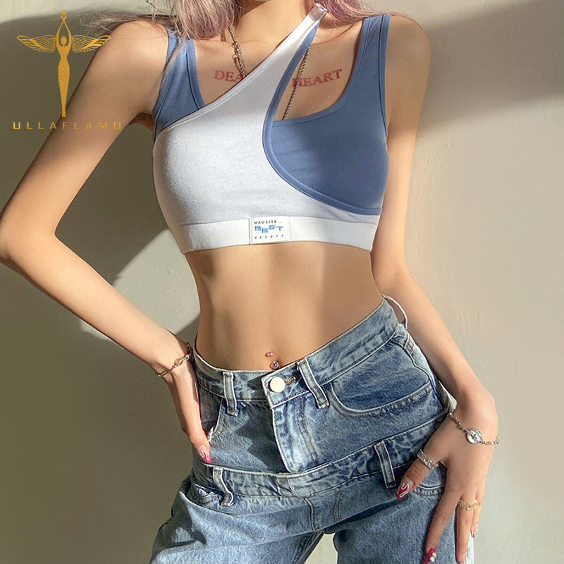 Fake Two T-Top Women's Blue Patchwork Crop Tops High Street Sexy Sleeveless Slim Tank Vest Party Club Skinny Crop Tanks Female 1