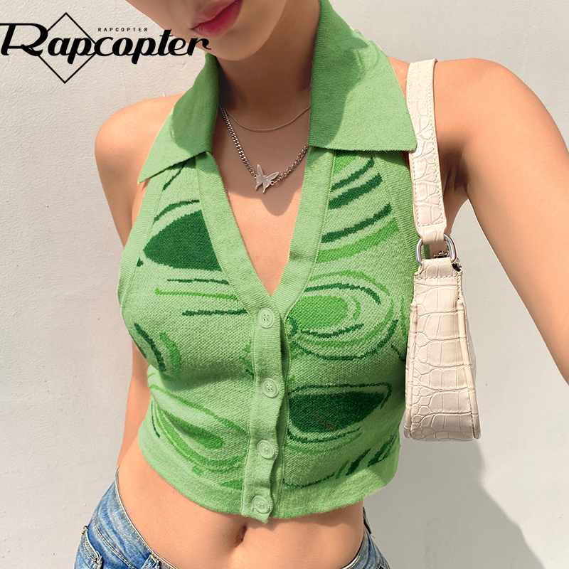 Rapcopter Paisley Green Corset Top Turn Down Collar Knitwear Cute Crop Top Vintage Button Up Camis V Neck Beach Style Tank Tops 1