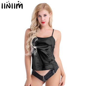 Womens Shiny Patent Leather Spaghetti Shoulder Straps Vest Top Metallic Dance Hip Hop Fancy Costume Night Parties Clubwear 1