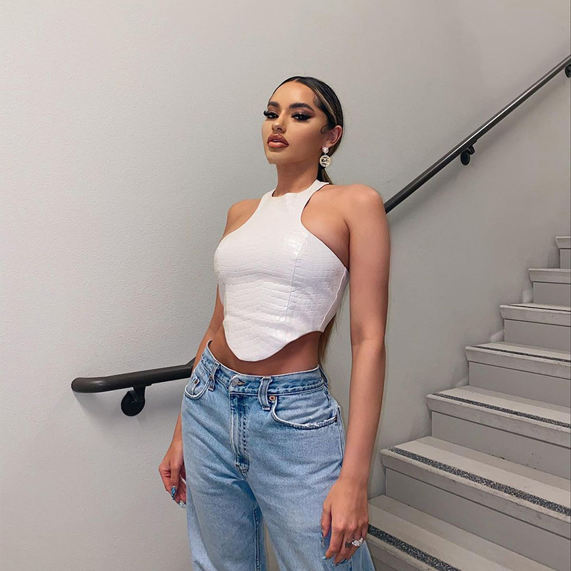 Cryptographic Fashion Sleeveless Crocodile PU Leather Halter Crop Tops for Women Club Party Backless Sexy Top Cropped Streetwear 5