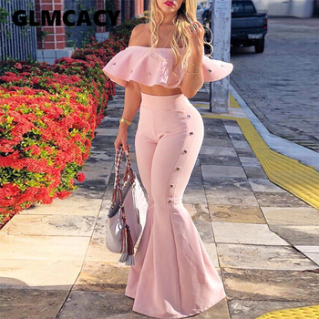 Women Two Piece Outfits Off Shoulder Ruffle Crop Tops and Flare Pants 2 Piece Set Summer Club Party Festival Set 1