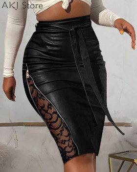 Women Lace Patchwork Zipper Detail Belted PU Leather Skirt 1