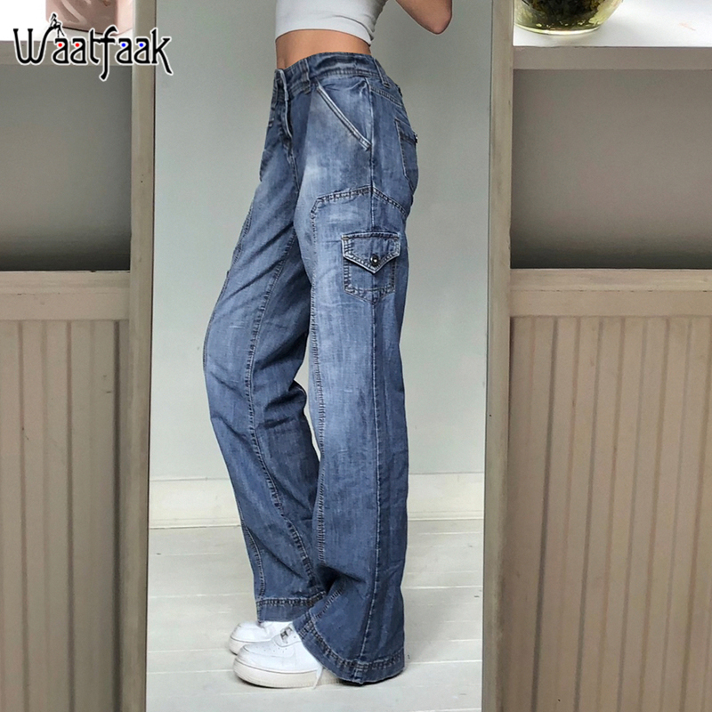 Waatfaak Harajuku Pockets Patchwork Cargo Jeans Y2K Dark Blue High Waist Streetwear 90S Baggy Jeans Women Pants Straight Leg 1