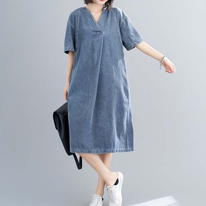 Women Denim Dress Plus Size 2020 Summer Short Sleeve Korean Midi Blue Jeans Dresses Boho Style Streetwear Sundress Robe Female 1