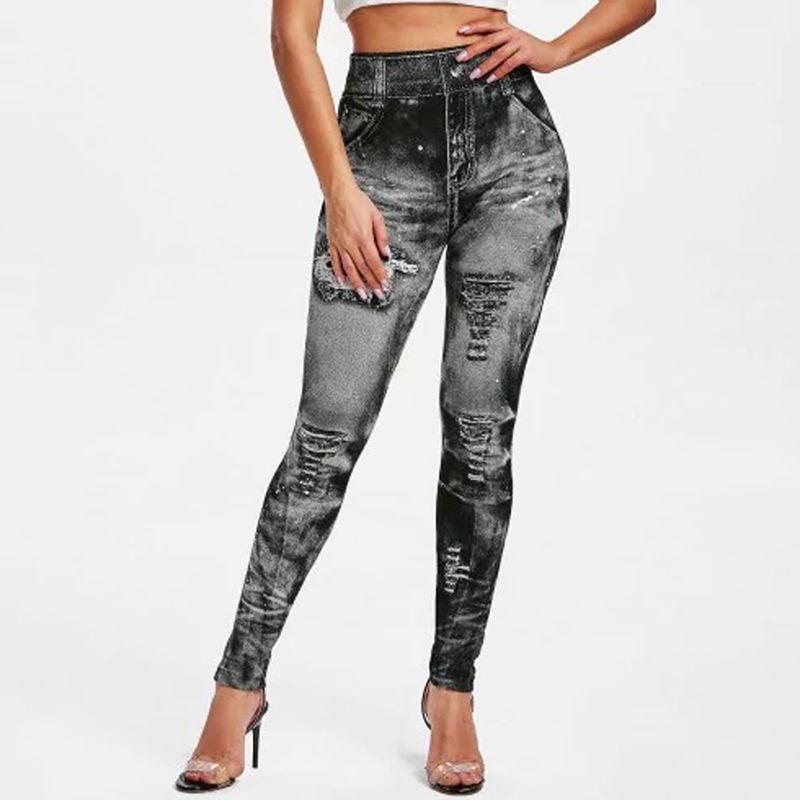 Sexy Elastic Imitation Faux Jeans Leggings High Waist Pants Fitness Slim Leggins Mujer 2021 Sport Push Up Leggings For Women Hot 4