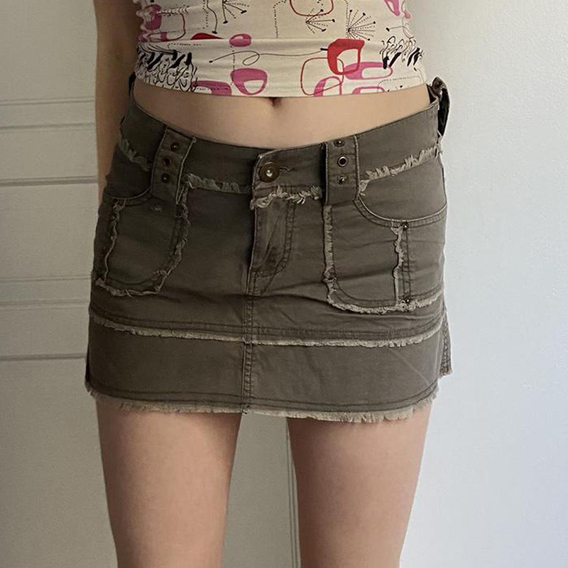 Waatfaak Green Pockets Ripped Jean Skirt Y2K Harajuku Patchwork Streetwear Denim Mini Skirt Alternative Grunge Bodycon Hippie 1