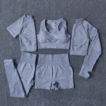 3 and 5PCS Seamless Women Yoga Set Workout Sportswear Gym Clothing Fitness Long Sleeve Crop Top High Waist Leggings Sports Suits 3