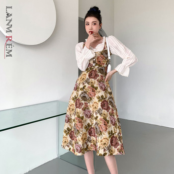 LANMREM 2022 Spring Square Collar Floral Print Knee-length Lady Vintage Jacquard Lace Two Piece Dress For Women Fashion 2A2200 1