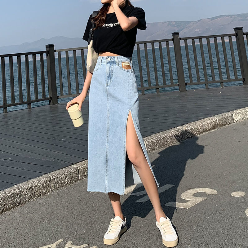 Fashion Women Denim Skirt 2021 Summer New High Waist Side Slit Jean Mid-Calf Skirts Female Solid Color Casual A-Line Bottoms 4