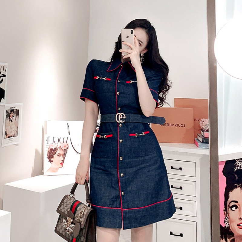 vintage blue denim dress women 2020 A-line short sleeve turn-down collar single breasted pocket office OL midi dresses female 1