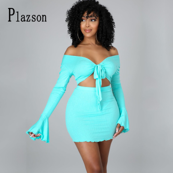 Plazson Summer Bandage Streetwear Women Blue Sexy Long Sleeve Party Skinny Matching Sets V Neck Top And Skirts 2 Piece Outfits 1