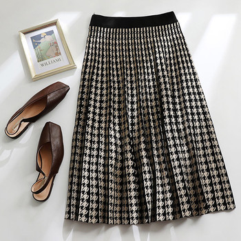 Women Skirt Plaid Knitted Midi Skirt A-Line High Waist Elegant Pleated Skirt Spring Autumn Winter faldas femme jupes 4