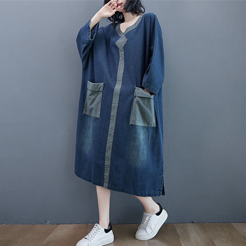 Size 4XL 150kg Plus Size Denim Dress For Women O Neck Long Sleeve Autumn Dress Long Maxi Jeans Dress Vestidos 1