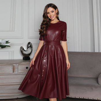 WOARCHO Casual O-Neck Half Sleeves Belt PU Leather Dresses Woman Solid Fit and Flare Mid-calf Dresses 2020 New Fashion 1