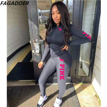 FAGADOER Pink Print Sweatsuits For Women 2 Piece Sets Casual Zipper Sweatshirt + Leggings Tracksuits Spring Fall Sporty Outfits 1