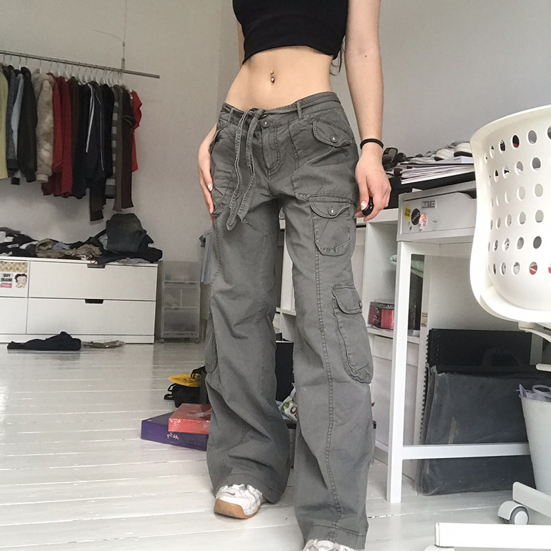 Retro gray overalls jeans women's fashion new style women's trousers sexy low waist loose casual trousers vintage streetwear 1