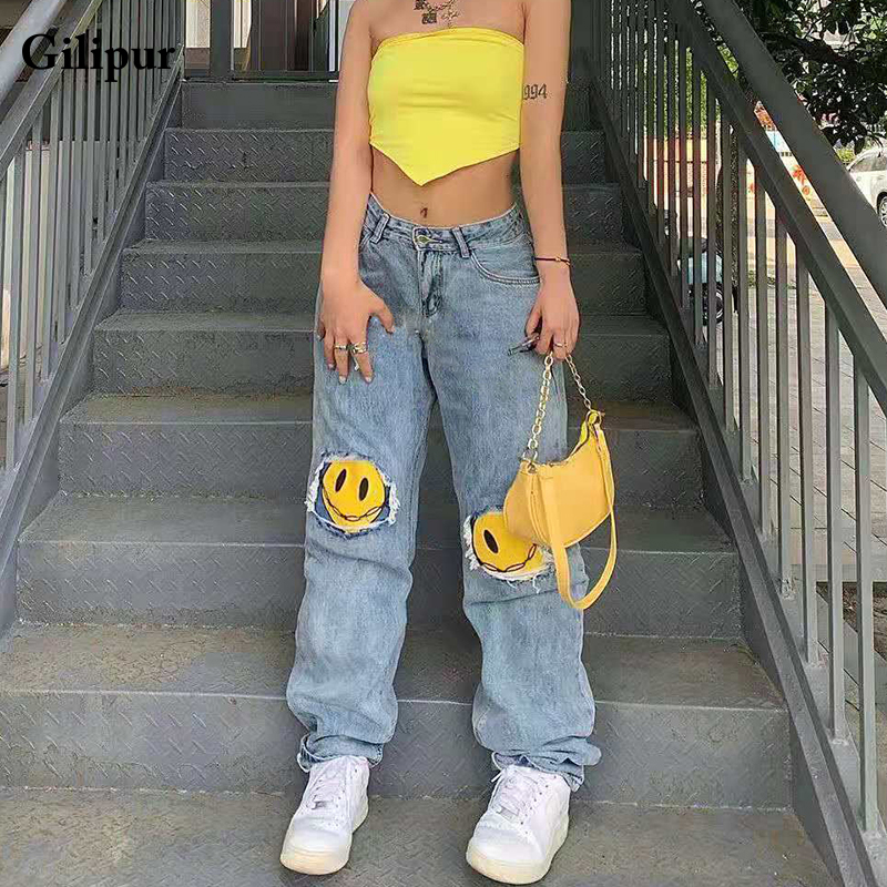 Printed Jeans Women Fashion Mom Jeans Baggy Straight Leg Pants Blue Loose Ripped Denim Trousers Long High Waist Jeans Streetwear 1