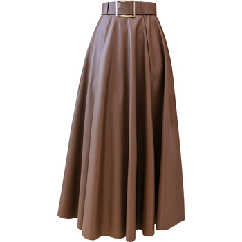 REALEFT 2021 New Autumn Winter PU Leather mi-long Women's Skirts with Belted High Waist  A-line Skirt Mid-calf Umbrella Skirts 6