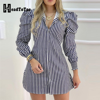 Striped Button Design Puffed Sleeve Shirt Dress Women Casual Work Dress 1