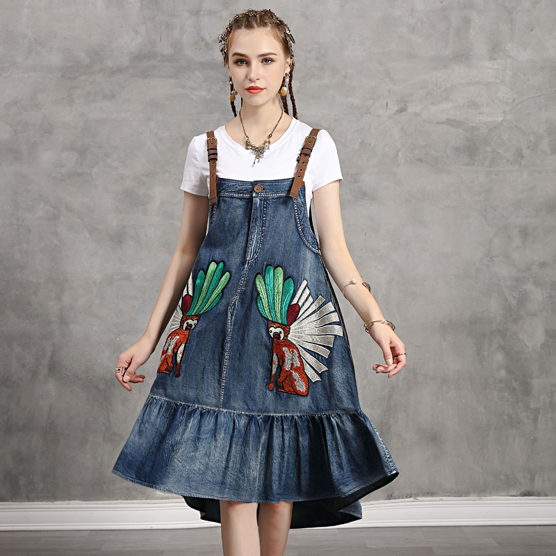 Johnature 2021 Summer New Retro Embroidery Button Denim Spaghetti Strap Irregular Dress Loose Comfortable All-match Women Dress 1