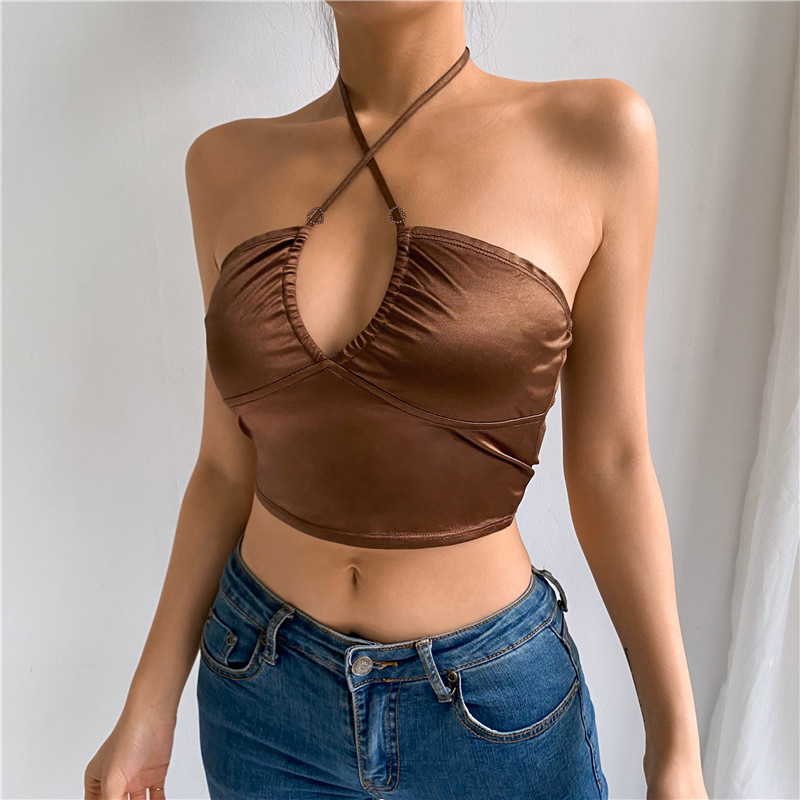 Sexy Y2K Halter Crop Tops Women Summer Backless Strappy Camis Ladies Fashion Brown Fitness Tank Vest Party Streetwear 1