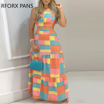 Women Set Two Pieces Plaid Colorblock Tied Detail Crop Top & Maxi Skirt Set Casual Womens Outfits 2