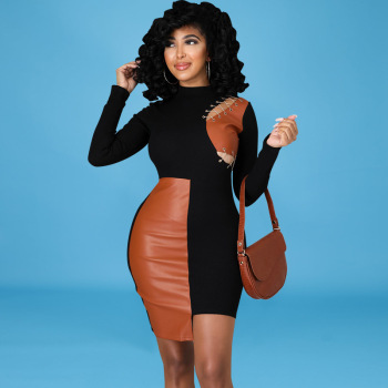 Women Patchwork Faux Leather Long Sleeve Lace Up Irregular Dress Autumn Sexy Night Party Clubwear Bodycon Midi Dresses 2