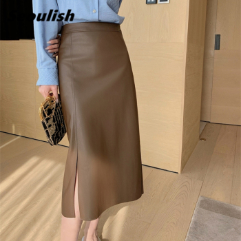 Seoulish Autumn Winter 2021 New PU Leather Women's Long Skirt High Wasit Skirt Female Straight Side Split A-line Pencil Skirts 1