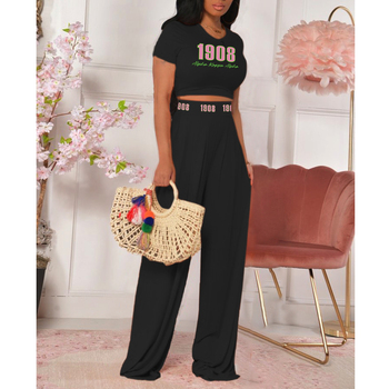 Greek Sorority Custom Pink And Green Logo 3D Printed Milk Fiber Short-Sleeved T-Shirt Flared Pants Casual Two-Piece Suit 1