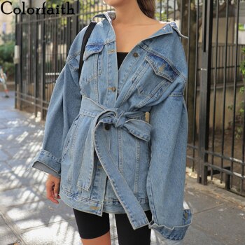 Sashes Lace Up Outerwear High Street Fashionable Blue Long Jeans Jackets 1