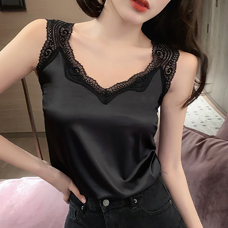 New Black Lace Backless Camisole Satin Silk Summer Tops 2022 Tank Top Women Clothes White Cami Vest Woman Plus Size Haut Femme 1