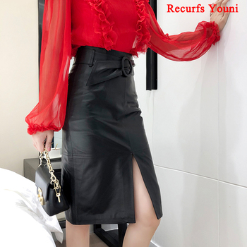 RYS9325 Winter Women Genuine Leather 65cm Long Wrap Skirt Female Ring Belt High Waist Faldas Mujer Front Slit OL Sexy Pink Jupe 4
